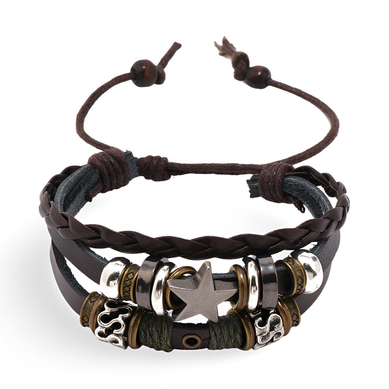 Bracelet multi-rangs marron en cuir et bois avec ornement étoilé argenté pour homme.