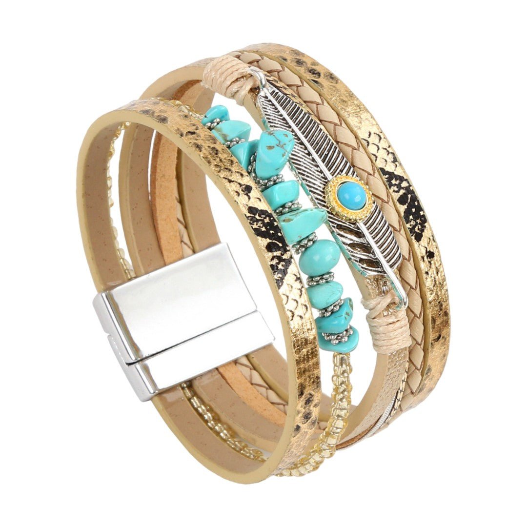 Bracelet multi-rangs en cuir et pierres naturelles, fermoir magnétique, plume argentée et pierre, style bohème élégant, modèle Erénis