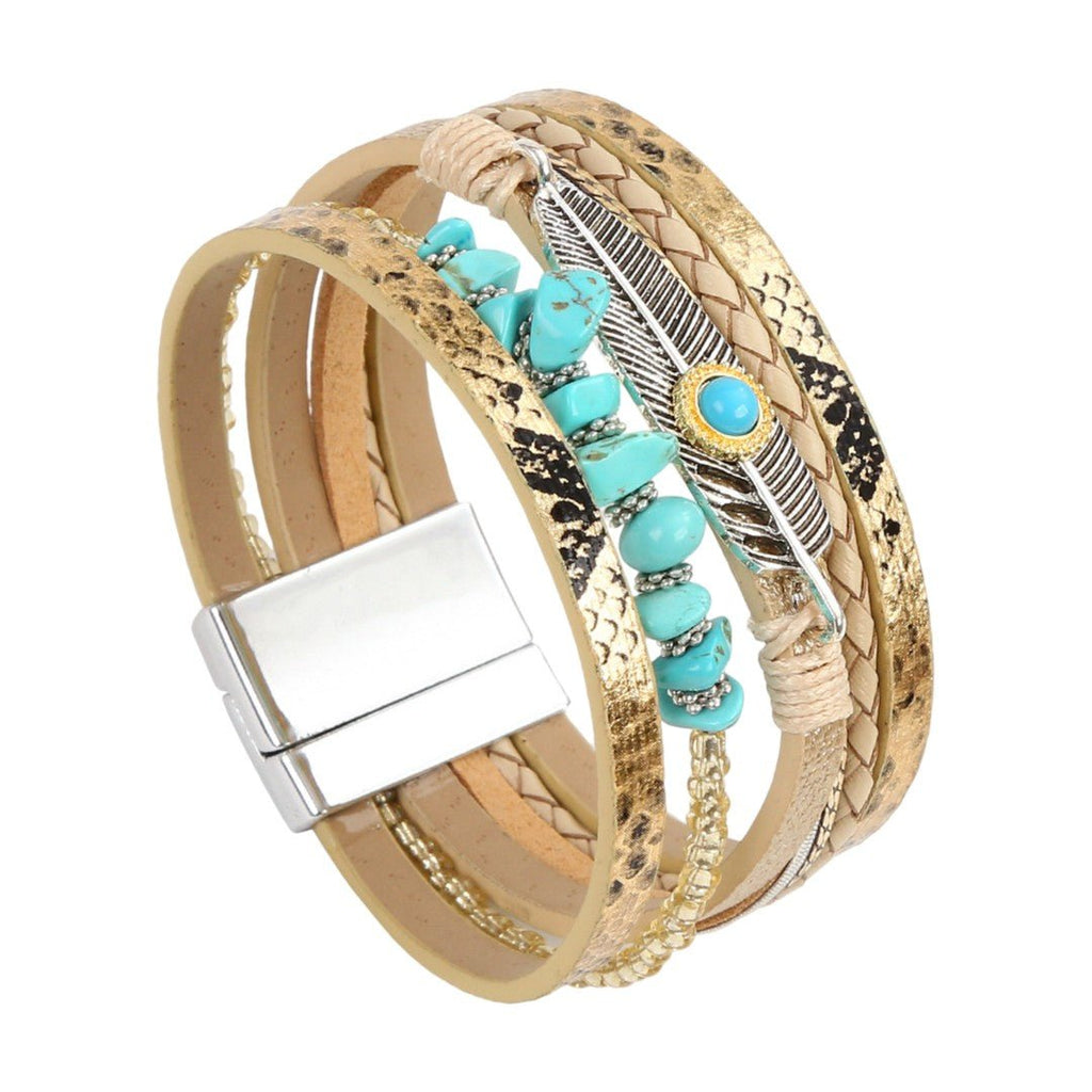 Bracelet multi-rangs en cuir et pierres naturelles, fermoir magnétique, plume argentée et pierre, style bohème élégant, modèle Erénis