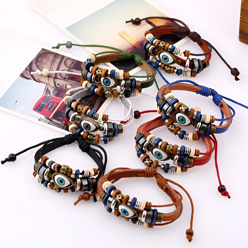 Bracelet multi-rangs en cuir avec perles, œil de protection bleu, fermeture réglable, coloris variés (noir, marron, rouge,.