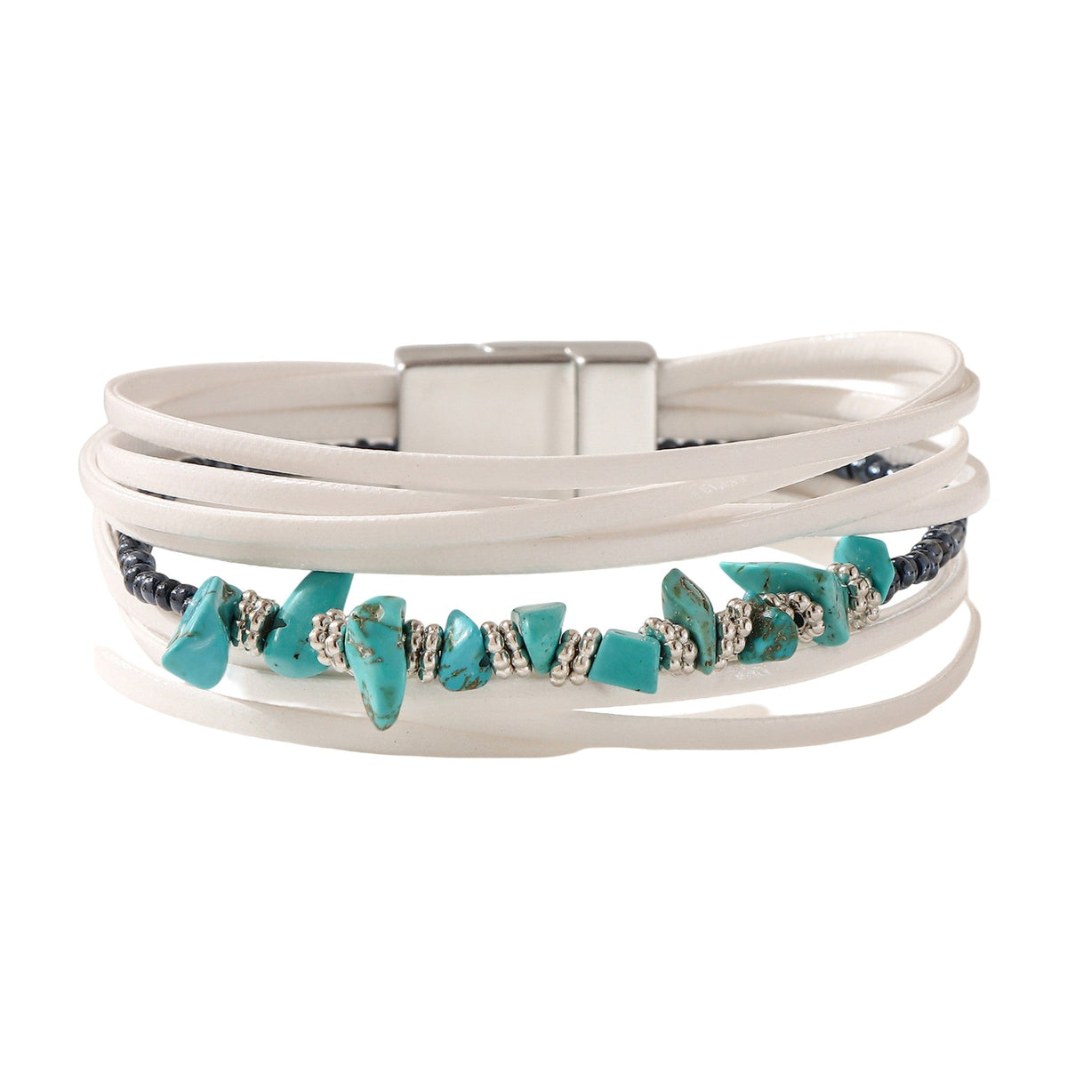 Mehrreihiges Armband, natürliche Türkissteine und silberfarbene Perlen, Magnetverschluss, Modell Tyrelle