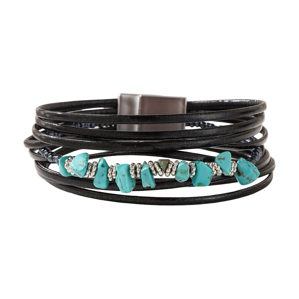 Mehrreihiges Armband, natürliche Türkissteine und silberfarbene Perlen, Magnetverschluss, Modell Tyrelle