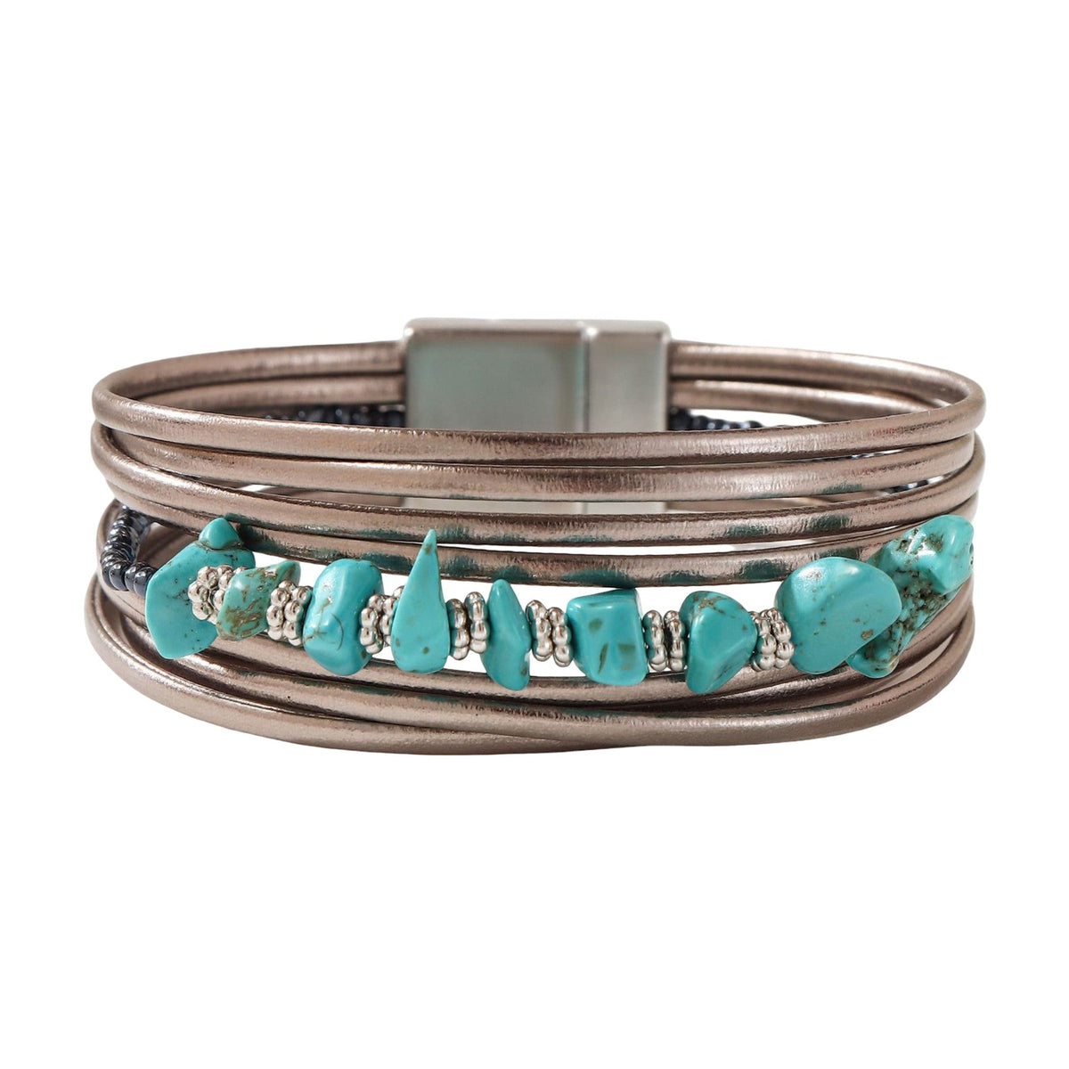 Mehrreihiges Armband, natürliche Türkissteine und silberfarbene Perlen, Magnetverschluss, Modell Tyrelle