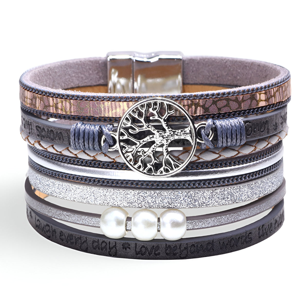 Bracelet multi-rangs en microfibre marron et noir avec breloque arbre de vie argentée et perles nacrées.