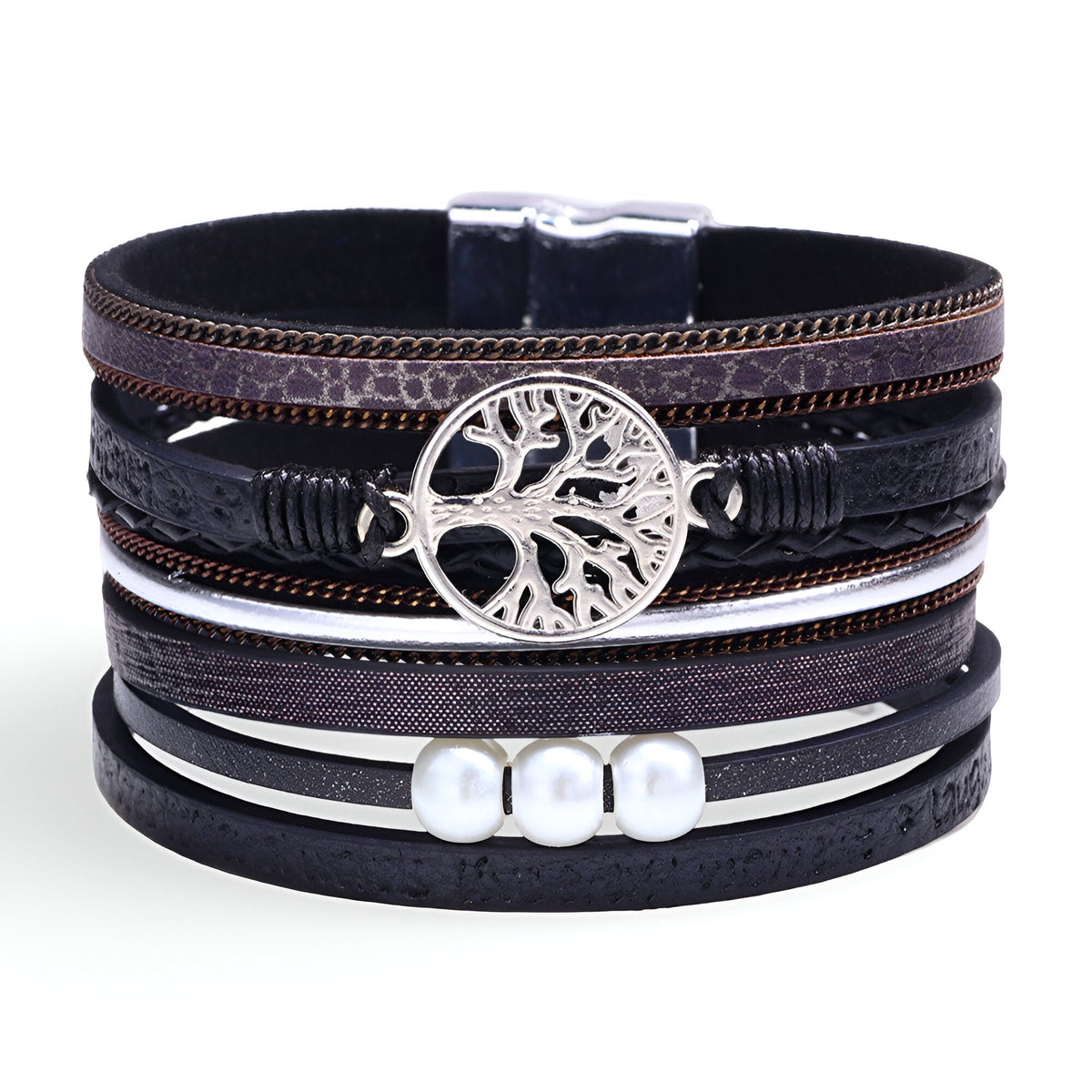 Bracelet multi-rangs noir en microfibre avec pendentif arbre de vie argenté et perles blanches.