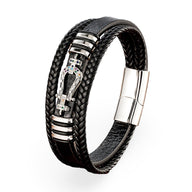 Bracelet multi-rangs noir en microfibre avec motif fer à cheval argenté et fermoir aimanté en acier.