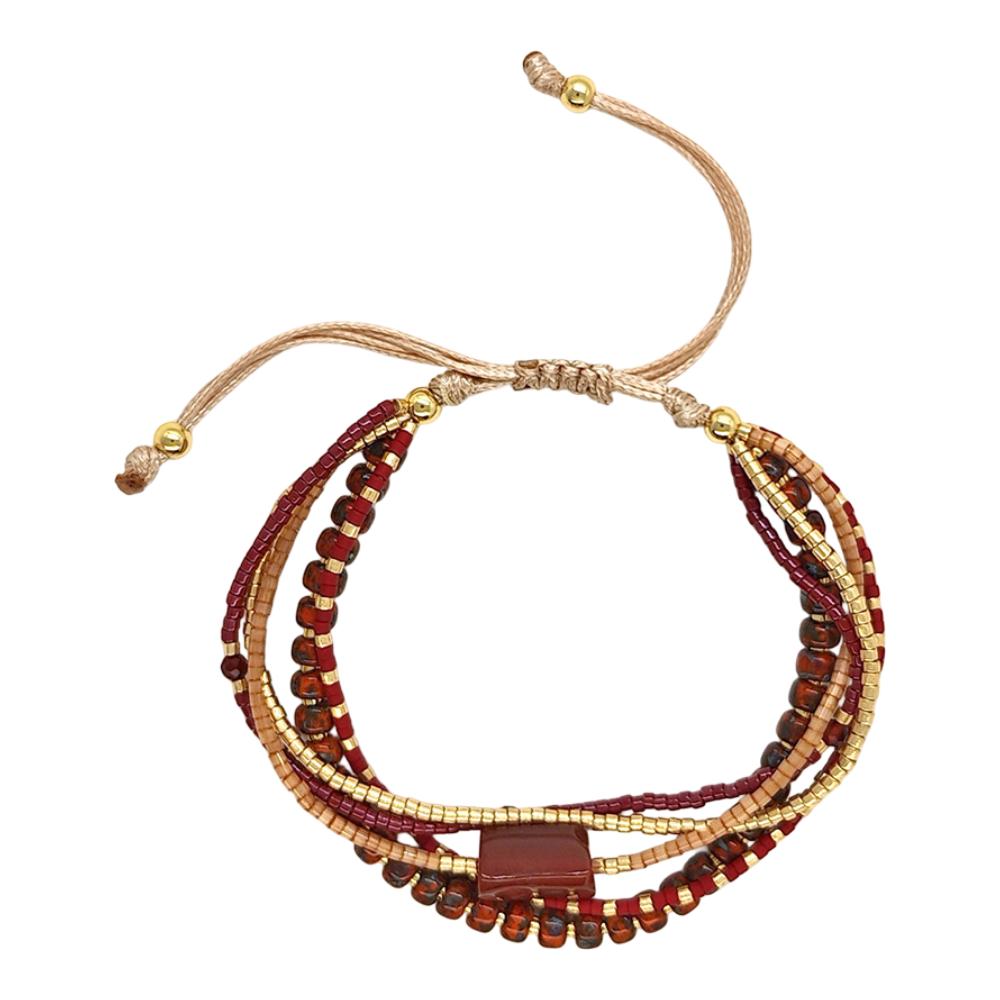 Bracelet multi-rangs en perles de verre du Japon, cordon ajustable avec détails en cuivre, éclat naturel pour le poignet, modèle Hitaya