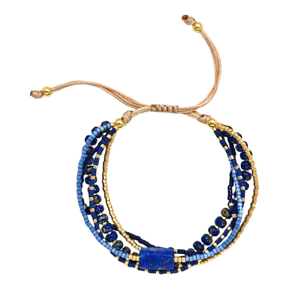Bracelet multi-rangs en perles de verre du Japon, cordon ajustable avec détails en cuivre, éclat naturel pour le poignet, modèle Hitaya