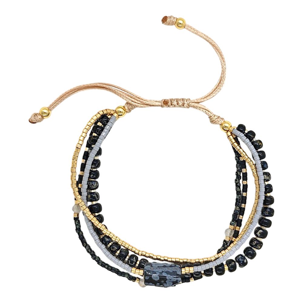 Bracelet multi-rangs en perles de verre du Japon, cordon ajustable avec détails en cuivre, éclat naturel pour le poignet, modèle Hitaya