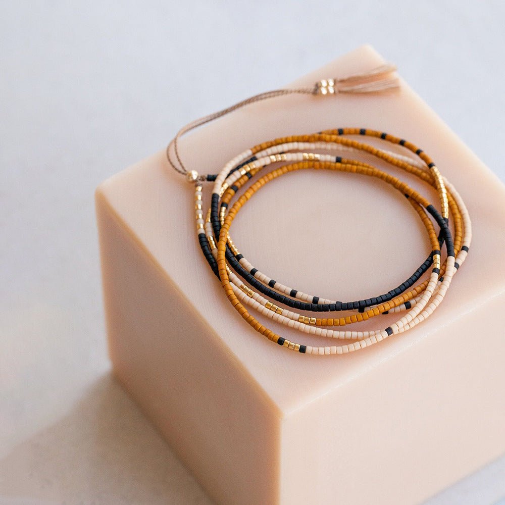 Multi-strand Miyuki bead bracelet, adjustable cord, gold-plated, elegant geometric pattern, Kidie model