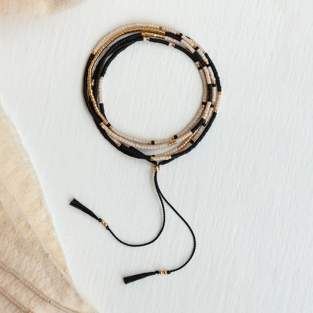 Multi-strand Miyuki bead bracelet, adjustable cord, gold-plated, elegant geometric pattern, Kidie model