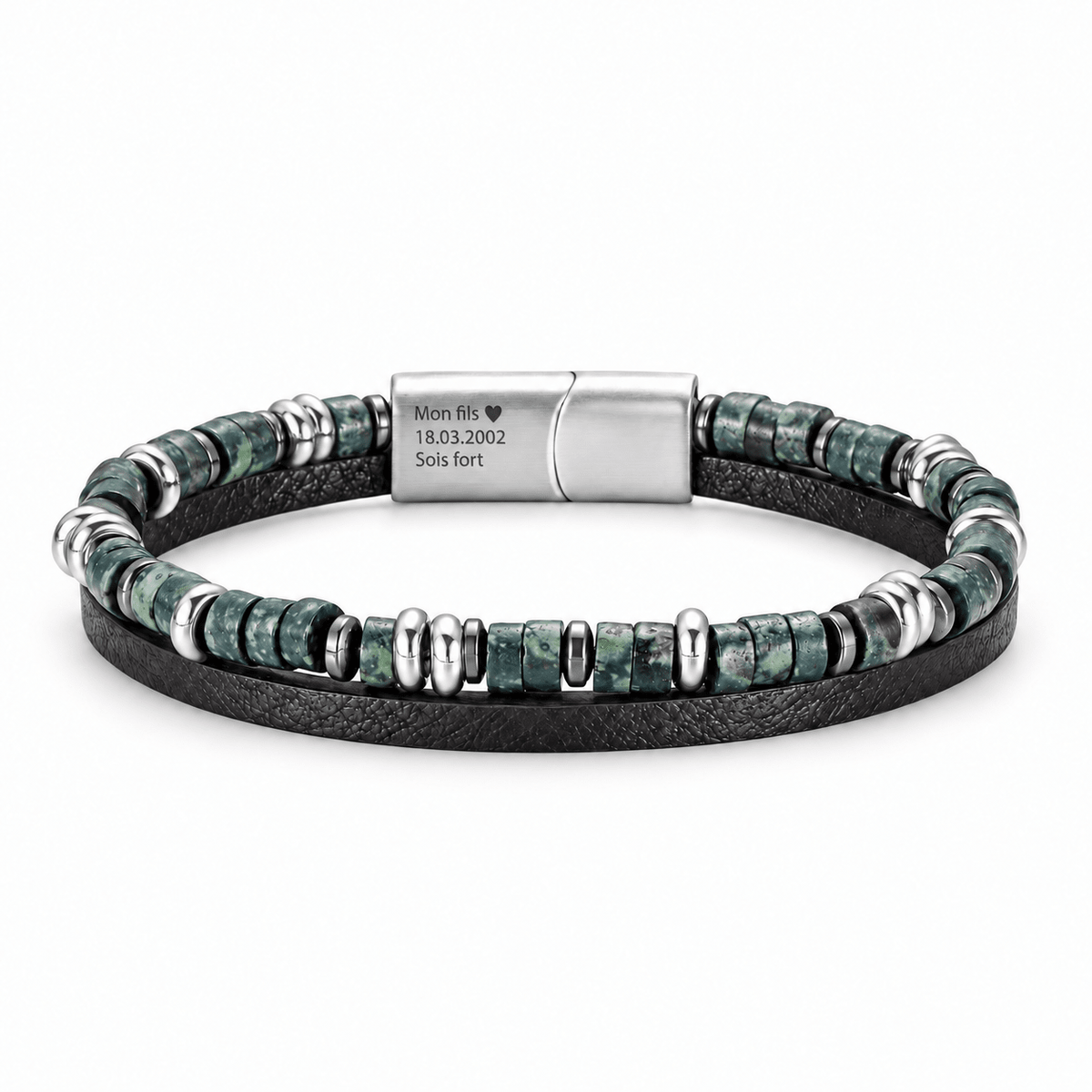 Packshot studio bracelet Jamy Amazonite, vue de face sur fond blanc. — gravure source restaurée 8 octobre 2026