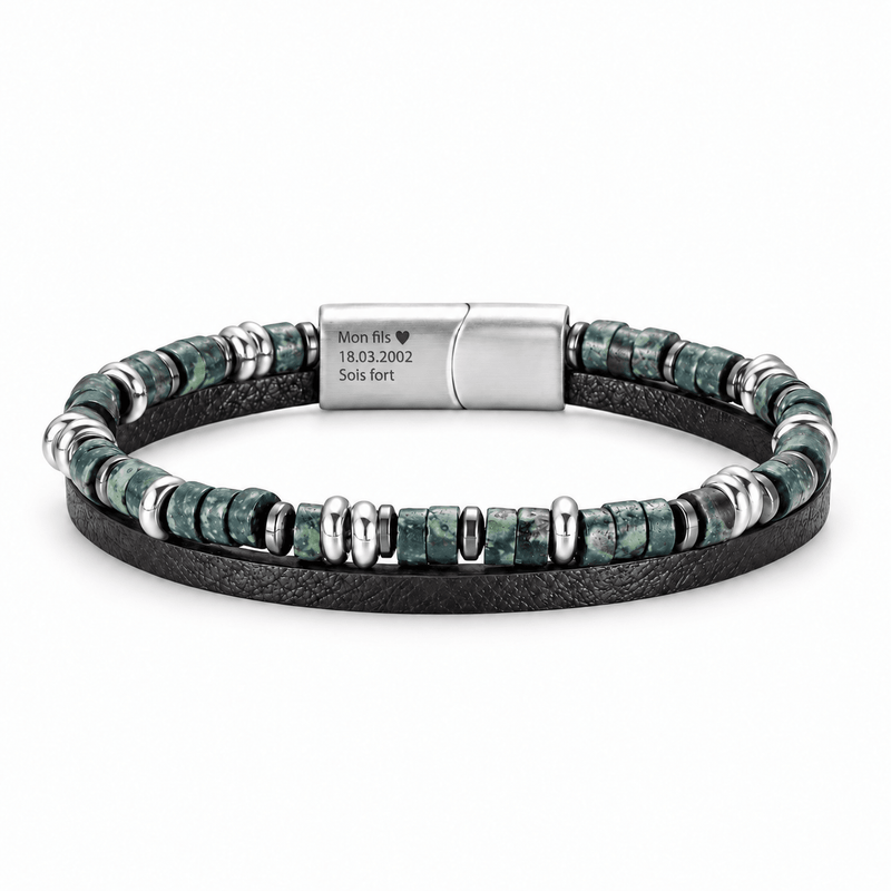 Packshot studio bracelet Jamy Amazonite, vue de face sur fond blanc. — gravure source restaurée 8 octobre 2026
