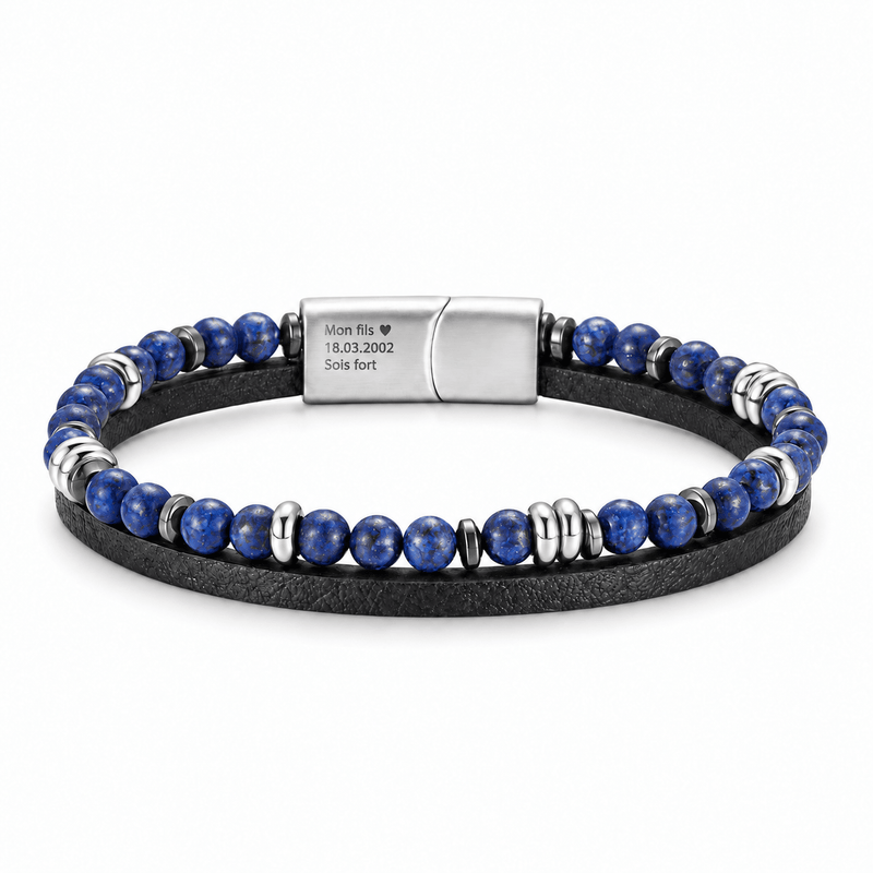 Packshot studio bracelet Jamy Lapis lazuli 2, vue de face sur fond blanc. — gravure source restaurée 8 octobre 2026