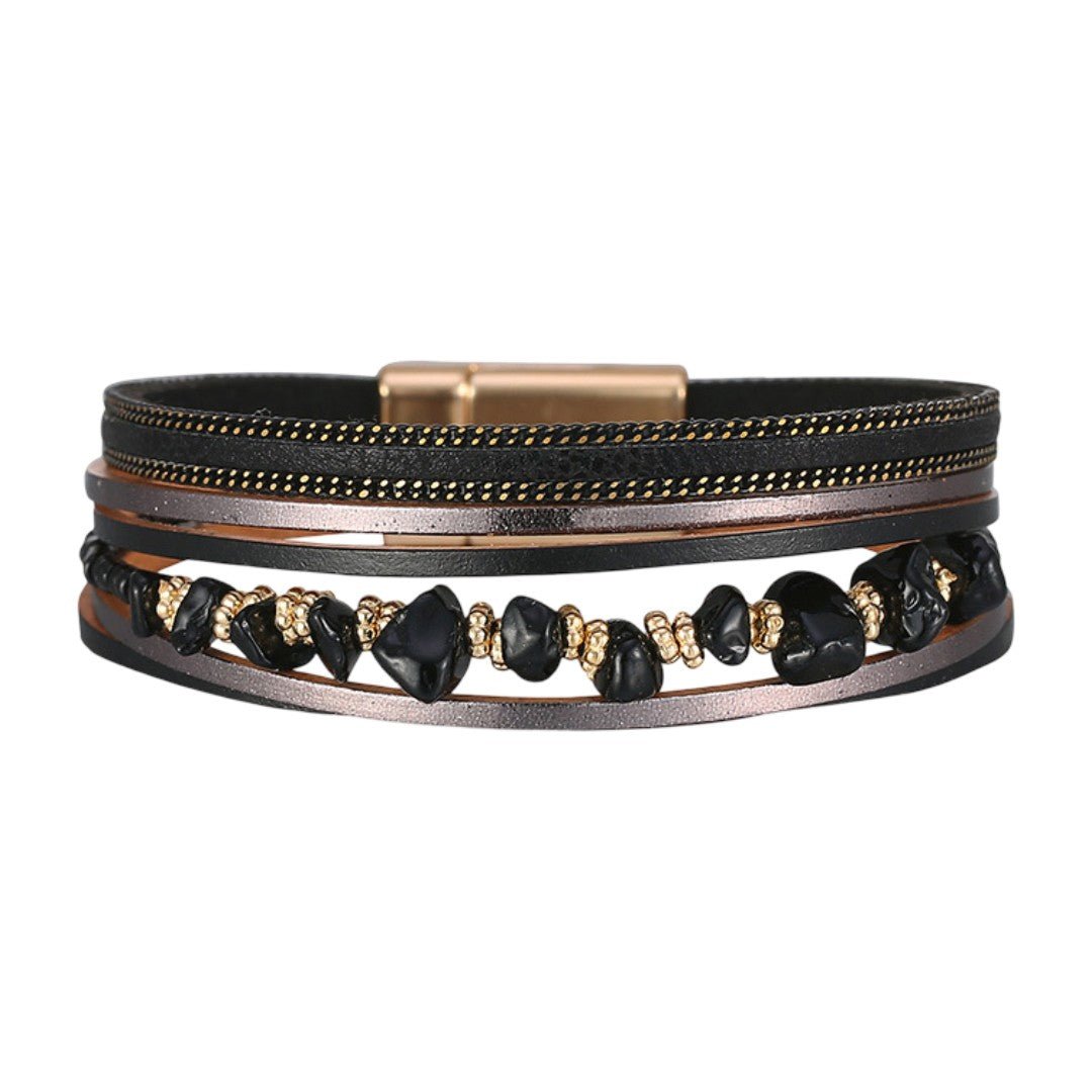 Bracelet multi-rangs bohème, pierres naturelles et lanières, fermoir magnétique doré, modèle Estie