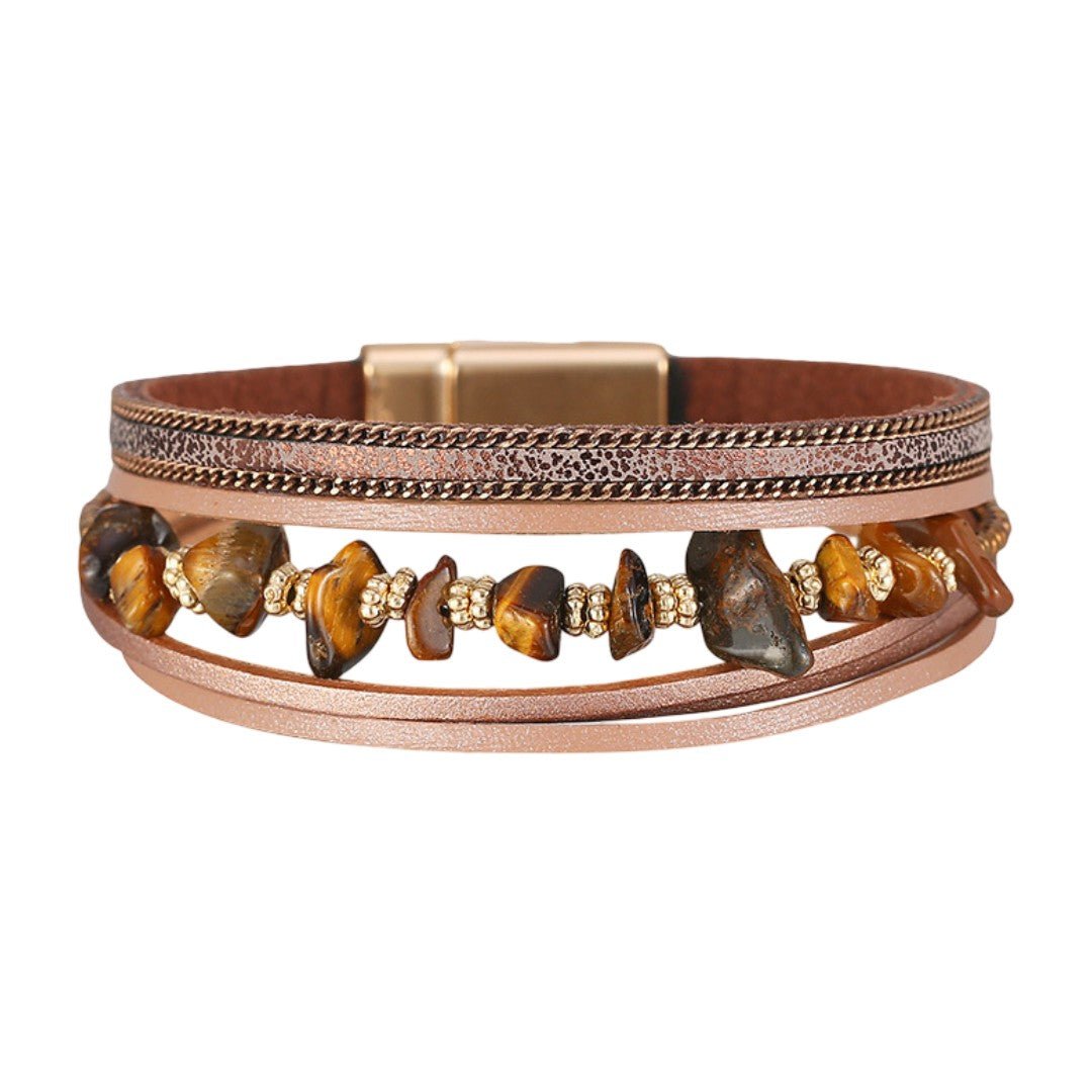 Bracelet multi-rangs bohème, pierres naturelles et lanières, fermoir magnétique doré, modèle Estie