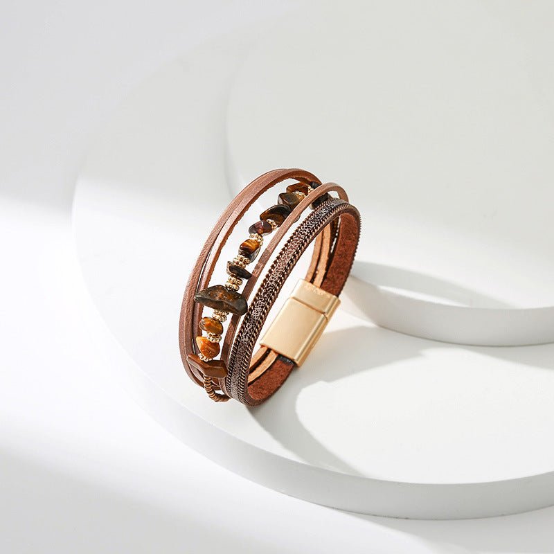 Bracelet multi-rangs bohème, pierres naturelles et lanières, fermoir magnétique doré, modèle Estie