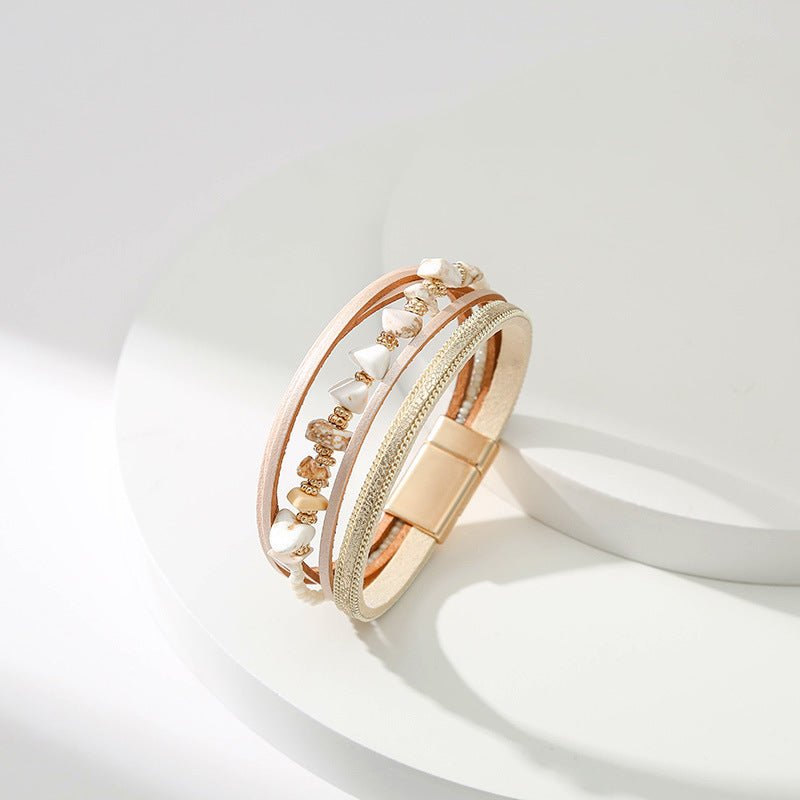 Bracelet multi-rangs bohème, pierres naturelles et lanières, fermoir magnétique doré, modèle Estie