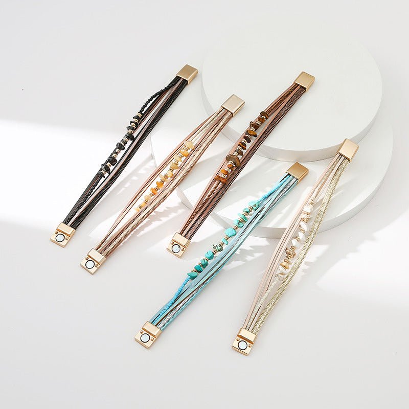 Bracelet multi-rangs bohème, pierres naturelles et lanières, fermoir magnétique doré, modèle Estie
