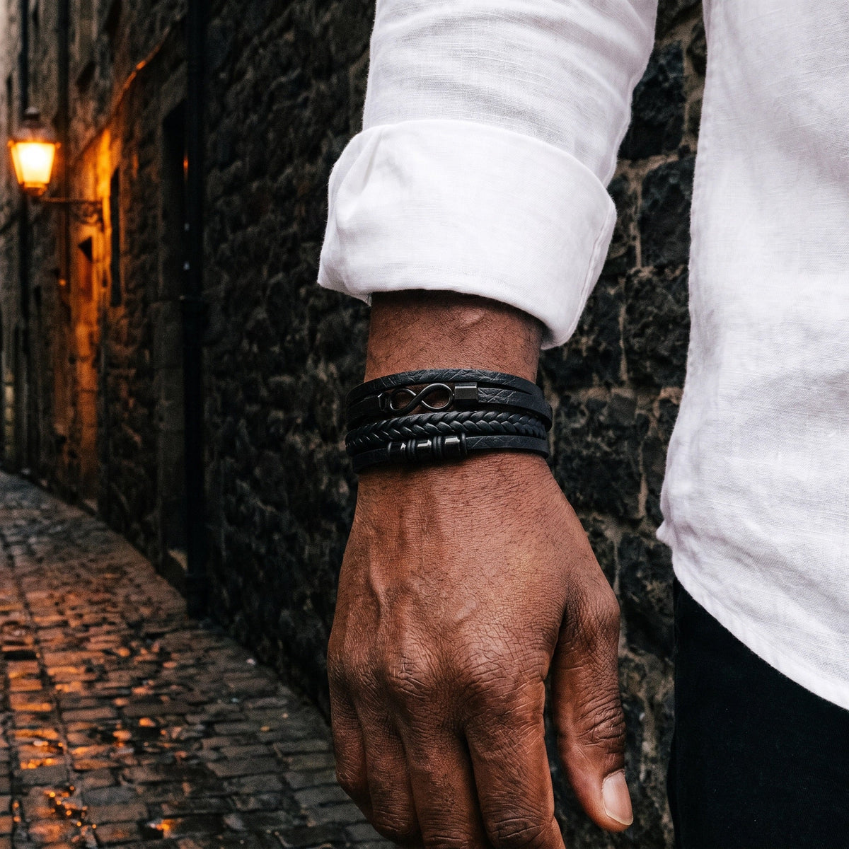 Bracelet multi-rangs tresse, symbole infini, fermoir magnetique noir, pour homme, modele Guzare
