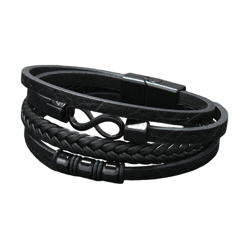 Multi-Layer Armband aus veganem Kunstleder für Herren, geflochtenes Schmuckstück mit schwarzem Magnetverschluss, Handgelenk-Accessoire mit Unendlichkeitssymbol, Modell Guzare
