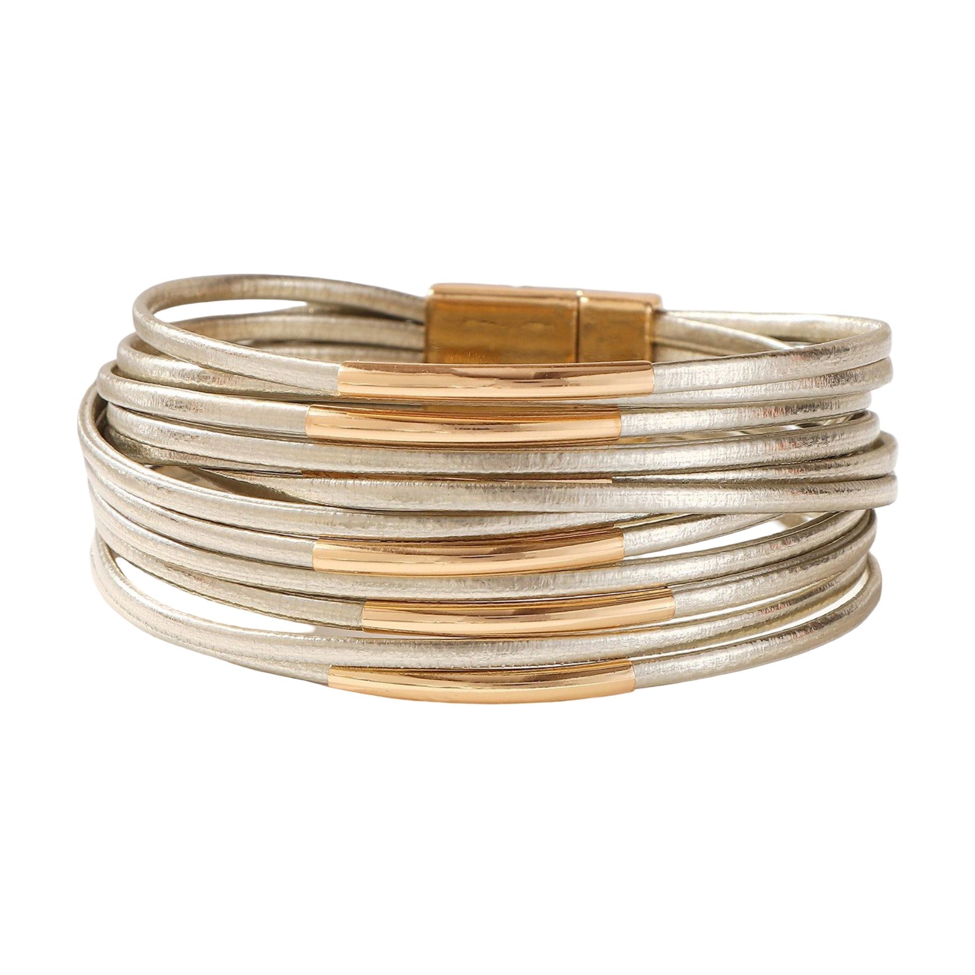 Multi-strand bracelet in vegan imitation leather, shiny gold-colored tubes, elegant magnetic clasp, modern jewelry with a bold style, Uza model