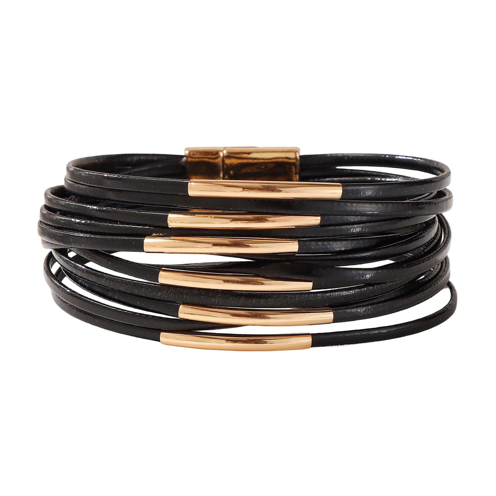 Bracelet multi rangs en simili vegan, tubes dorés brillants, fermoir magnétique élégant, bijou moderne au style affirmé, modèle Uza