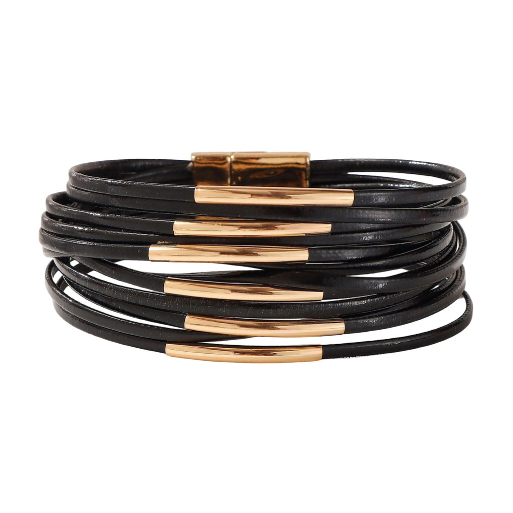 Bracelet multi rangs en simili vegan, tubes dorés brillants, fermoir magnétique élégant, bijou moderne au style affirmé, modèle Uza