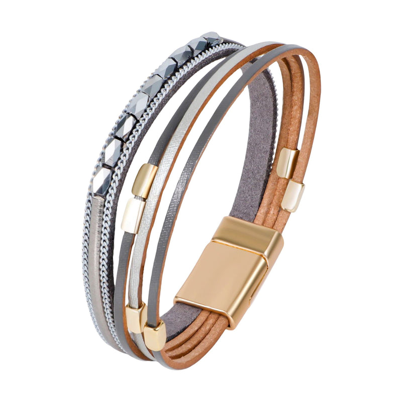 Bracelet multi-rangs beige et gris avec détails métalliques dorés au style bohème, modèle Litola.