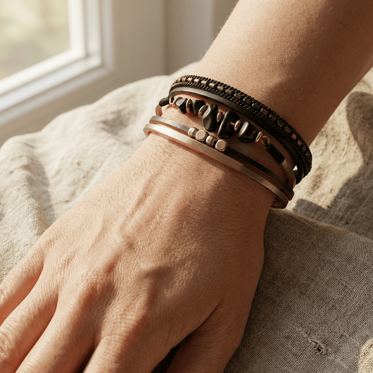 Bracelet multi-rangs et pierres naturelles au style bohème, modèle Hailey