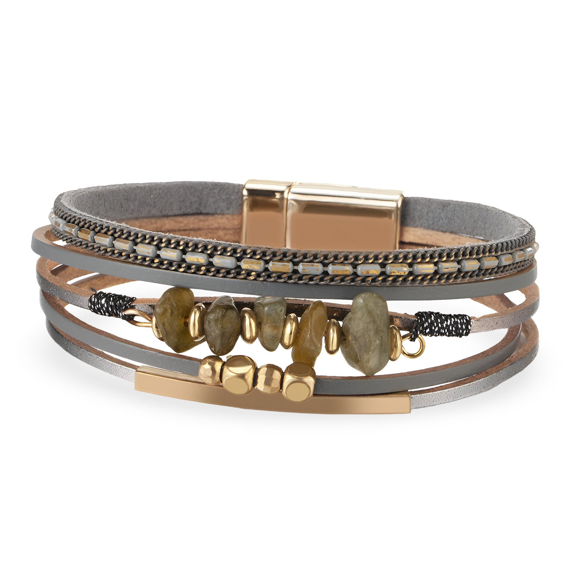 Bracelet multi-rangs gris en cuir avec pierres naturelles et détails dorés au style bohème.
