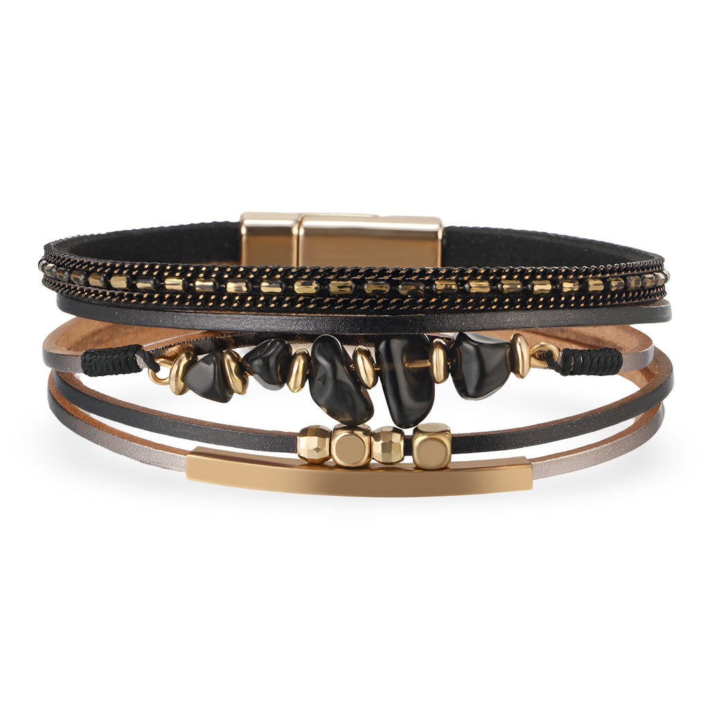 Bracelet multi-rangs noir avec pierres naturelles noires et détails dorés style bohème.