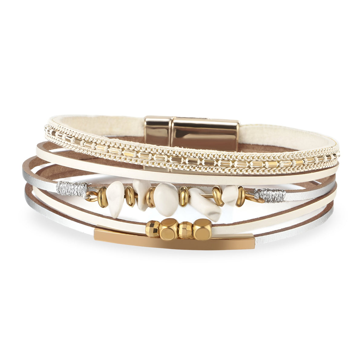 Bracelet multi-rangs blanc avec pierres naturelles, perles dorées et fermoir magnétique en acier.