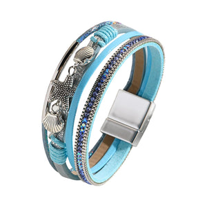 Multi-rækket damearmbånd, veganske sommer smykker, manchet med magnetlås, armbånd med muslingeskal og søstjerne, elegant håndledstilbehør, model Nolda