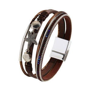 Multi-rækket damearmbånd, veganske sommer smykker, manchet med magnetlås, armbånd med muslingeskal og søstjerne, elegant håndledstilbehør, model Nolda