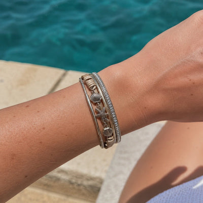 Bracelet manchette multi-rangs, breloques étoile de mer et coquillages, strass, pour femme, modèle Nolda