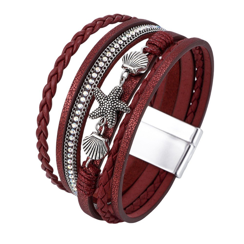 Bracelet multi-rangs tressé, breloques étoile de mer et coquillages, fermoir magnétique, pour femme, modèle Toria