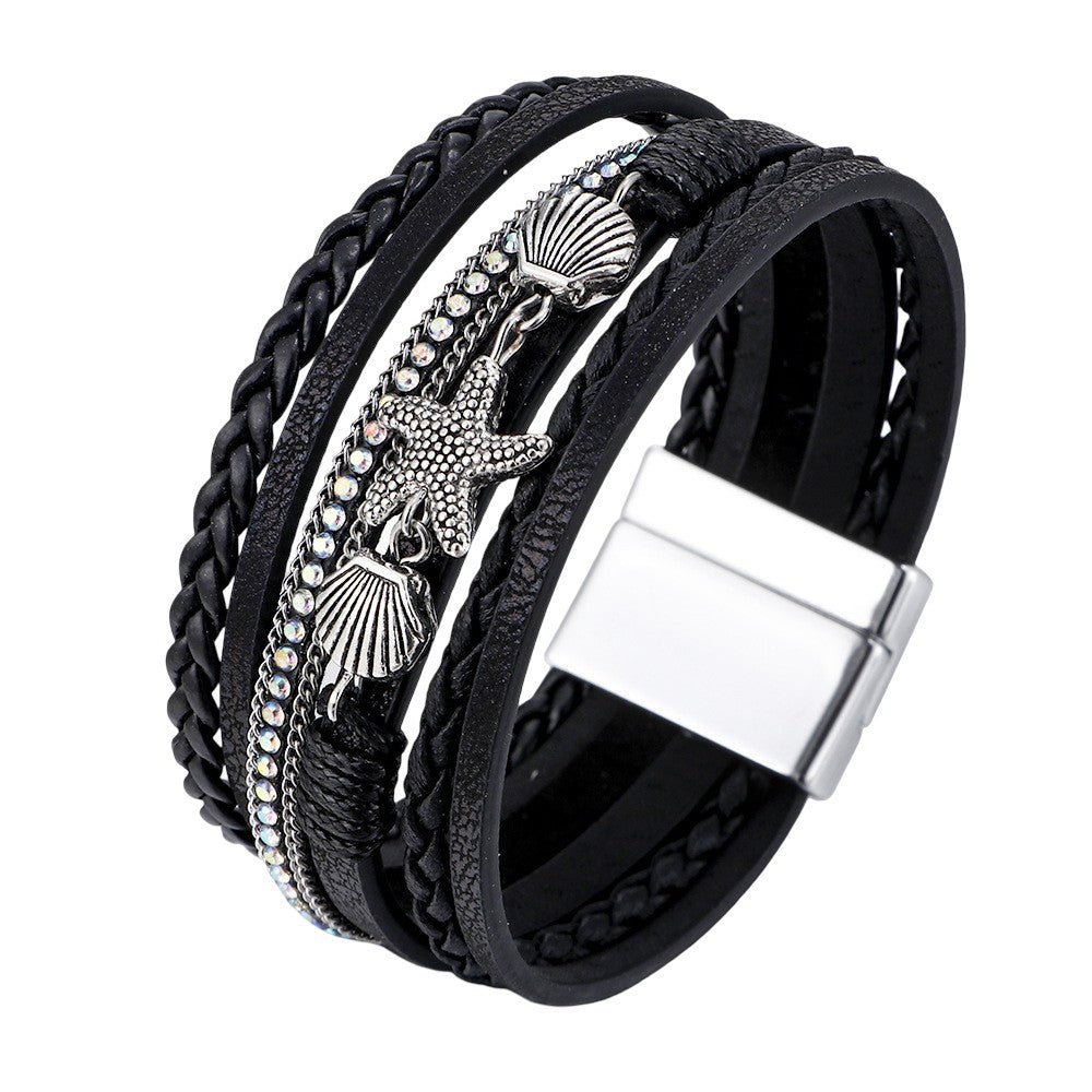 Bracelet multi-rangs tressé, breloques étoile de mer et coquillages, fermoir magnétique, pour femme, modèle Toria