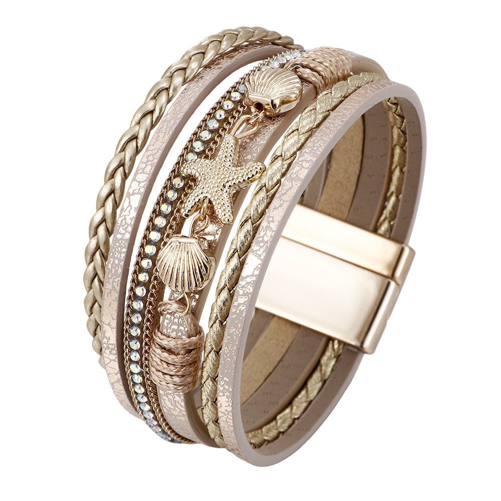 Bracelet multi-rangs tressé, breloques étoile de mer et coquillages, fermoir magnétique, pour femme, modèle Toria