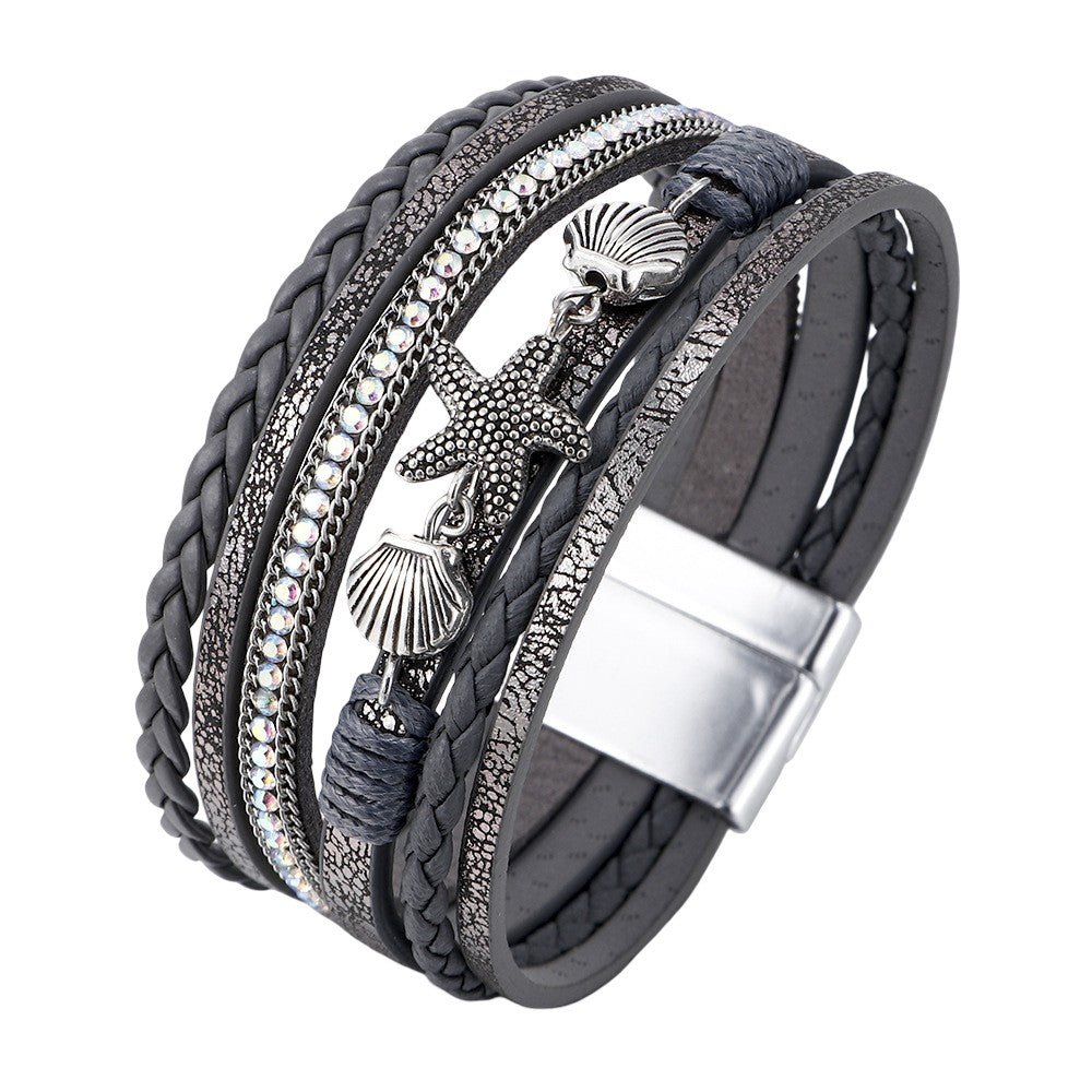 Bracelet multi-rangs tressé, breloques étoile de mer et coquillages, fermoir magnétique, pour femme, modèle Toria