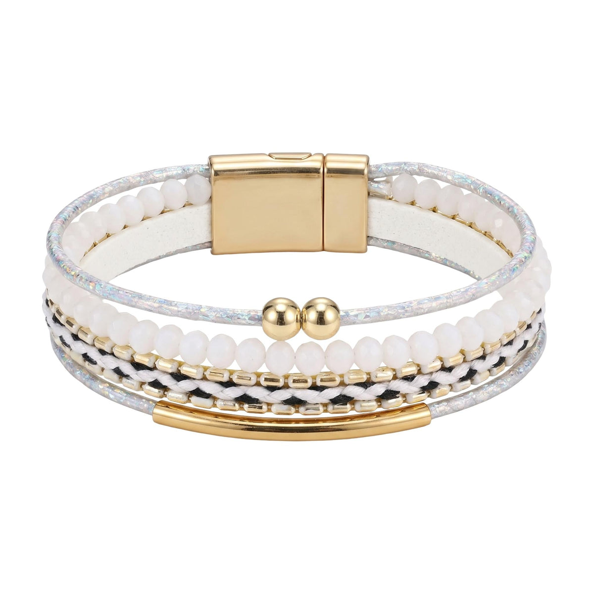 Bracciale multi-filo bohémien, perle sfaccettate e cordoncini intrecciati, chiusura magnetica dorata, per donna, modello Losiane