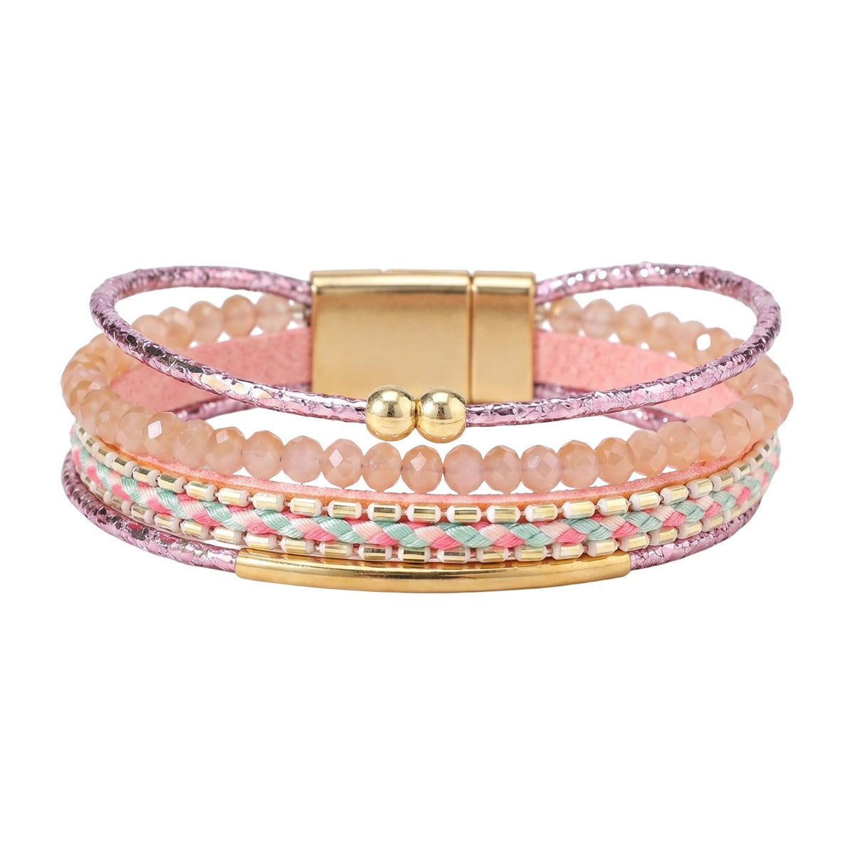 Bracciale multi-filo bohémien, perle sfaccettate e cordoncini intrecciati, chiusura magnetica dorata, per donna, modello Losiane
