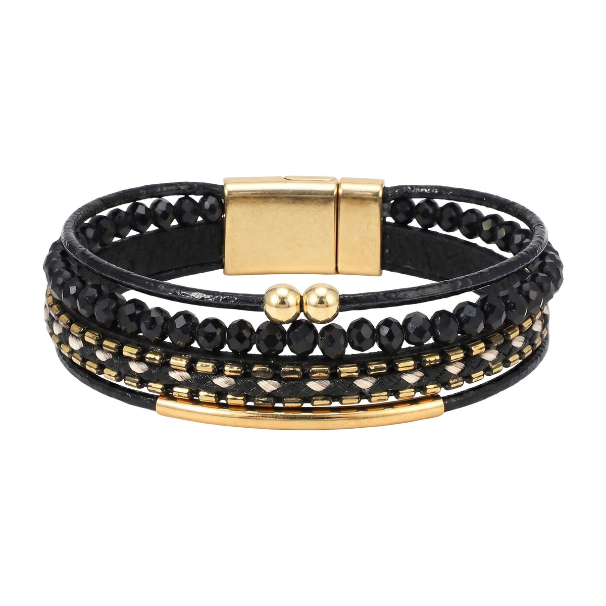 Bracciale multi-filo bohémien, perle sfaccettate e cordoncini intrecciati, chiusura magnetica dorata, per donna, modello Losiane