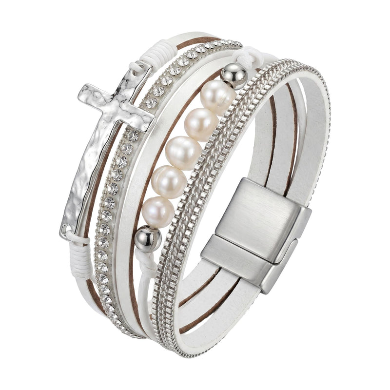 Pulsera de varias vueltas para mujer, con perlas nacaradas y cruz brillante, cierre magnético práctico, modelo Camina