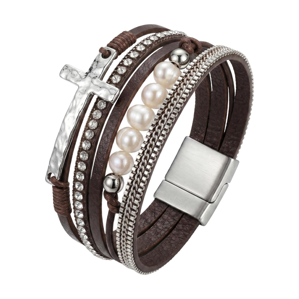 Pulsera de varias vueltas para mujer, con perlas nacaradas y cruz brillante, cierre magnético práctico, modelo Camina