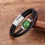 Bracelet multi-rangs homme en cuir noir tressé avec pierre d'agate verte et fermoir métallique argenté.
