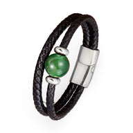 Bracelet multi-rangs homme en cuir tressé noir avec pierre d'agate verte et fermoir métallique argenté.
