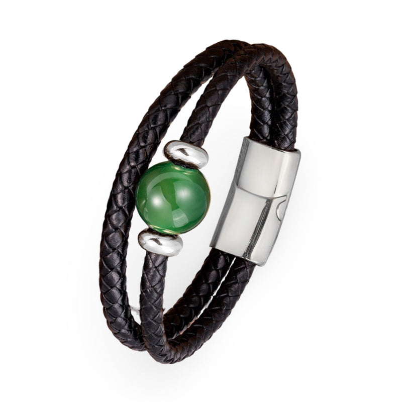 Bracelet multi-rangs homme en cuir tressé noir avec pierre d'agate verte et fermoir métallique argenté.