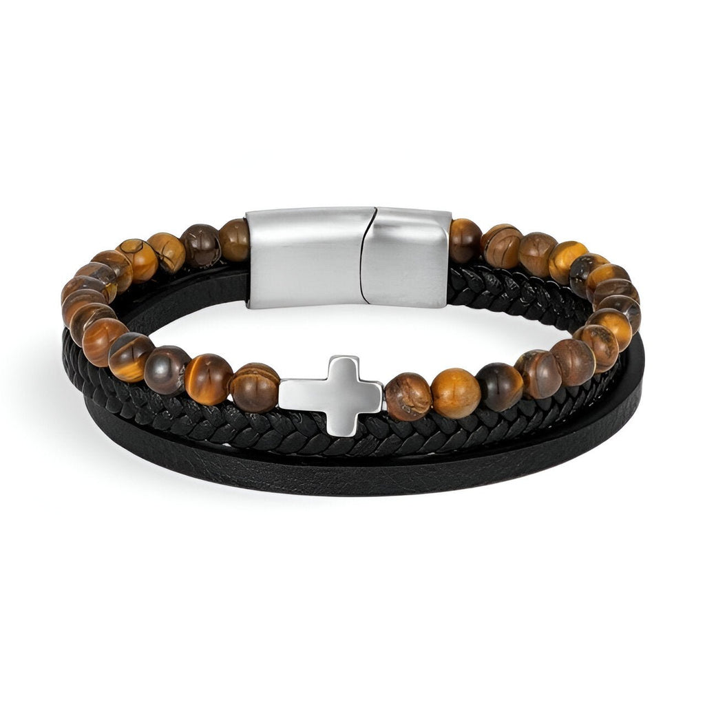 Bracelet multi-rangs homme avec perles œil de tigre, croix argentée et cuir noir tressé.