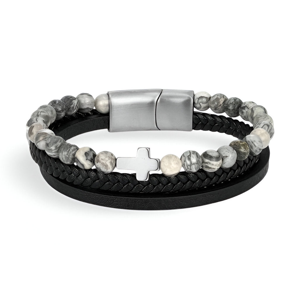 Bracelet multi-rangs homme en cuir noir et pierres naturelles grises avec croix argentée et fermoir magnétique acier.
